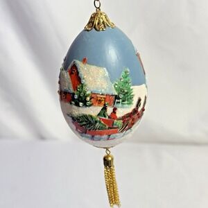 Vintage Decoupage Sled Horses Barn With Stones Christmas Ornament